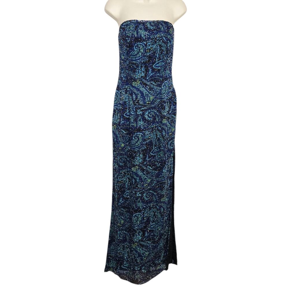 Sean Collection Dress Size Small Strapless Beaded Silk Blue Evening Gown